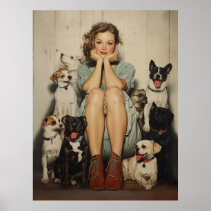 Póster Encanto de cosecha = Joven rodeada de perros