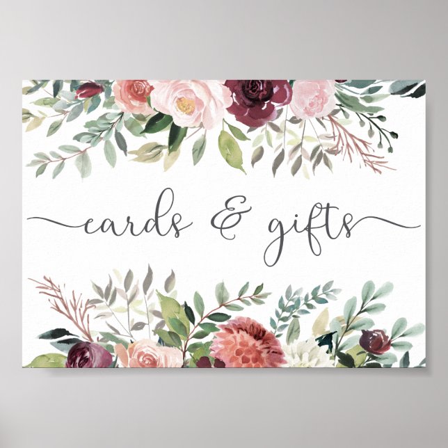 Póster Encanto rústico Borgoña Rubor Boda floral rosa (Frente)