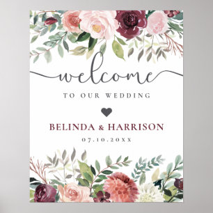 Póster Encanto rústico Borgoña Rubor Boda floral rosa