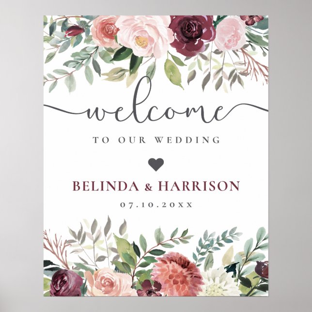 Póster Encanto rústico Borgoña Rubor Boda floral rosa (Frente)