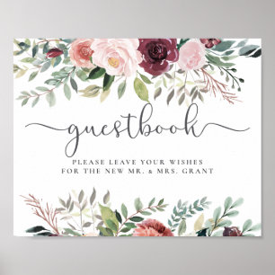Póster Encanto rústico Borgoña Rubor Boda floral rosa