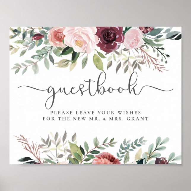 Póster Encanto rústico Borgoña Rubor Boda floral rosa (Frente)