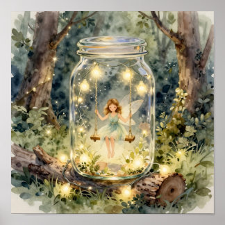 Póster Enchanted Fairy on a Swing in a Magical Forest
