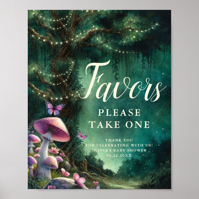 Póster Enchanted Forest Mushrooms Favors Sign Baby Shower (Frente)