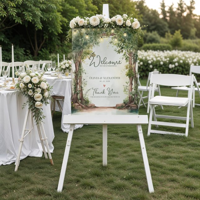 Póster Enchanted Garden String Lights Wedding Welcome (Enchanted Garden String Lights Wedding Welcome Sign | Rustic Outdoor Wedding Welcome Poster)