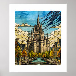 Póster Enchanted Medieval Castle Stained Glass Canal Illu