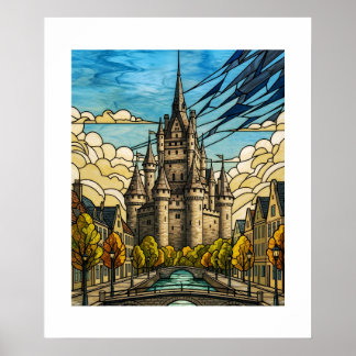 Póster Enchanted Medieval Castle Stained Glass Canal Illu
