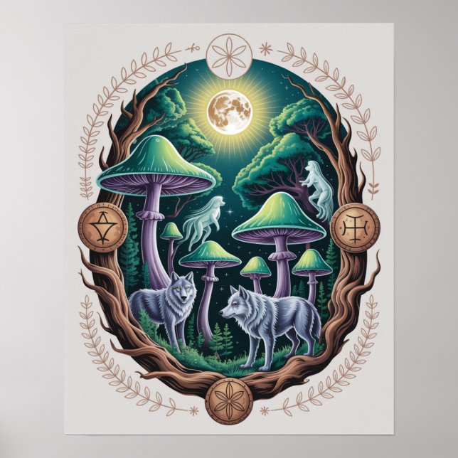 Póster Enchanted Moonlit Wolves and Psychedelic Mushrooms (Frente)