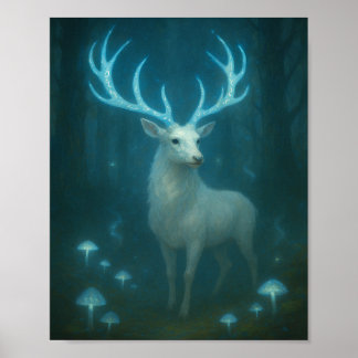 Póster Enchanted White Stag in the Moonlit Forest Poster