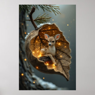 Póster 🦌 Enchanted Winter Fawn – Glowing Leaf Cocoon