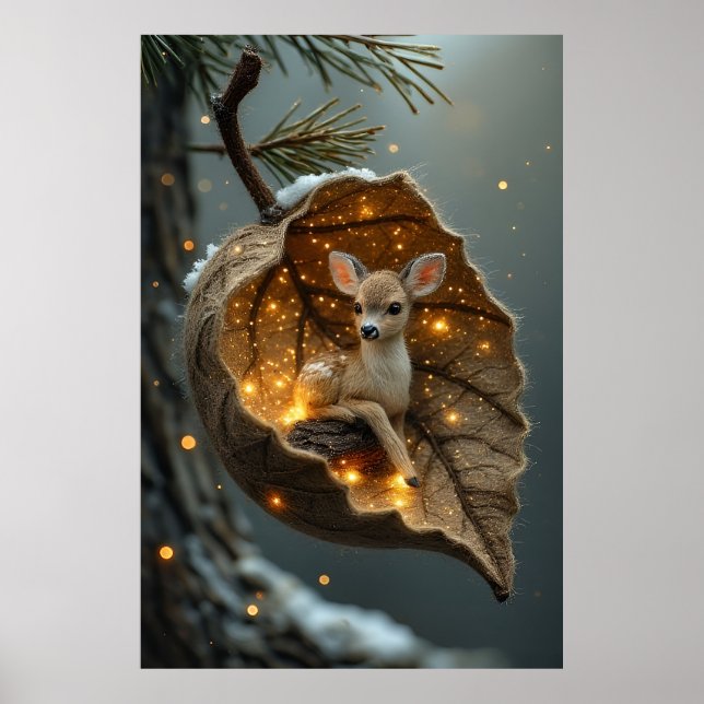 Póster 🦌 Enchanted Winter Fawn – Glowing Leaf Cocoon (Frente)