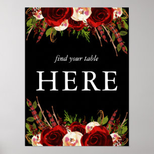 Póster Encuentra tu mesa aquí Floral Boho Borgoña Negro