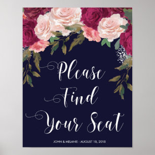Póster encuentre su boda de asiento signo de floral rosa 