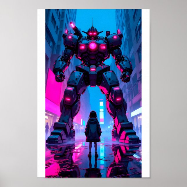 Póster Encuentro ciberpunk de mecha gigante de anime (Frente)
