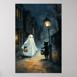 Póster Encuentro de Fantasma y Gato de Halloween