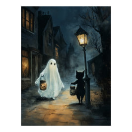 Póster Encuentro de Fantasma y Gato de Halloween