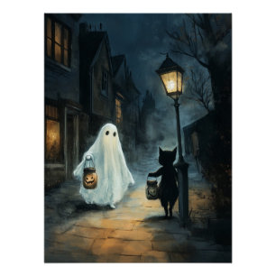 Póster Encuentro de Fantasma y Gato de Halloween