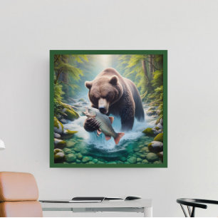 Póster Encuentro Majestuoso: Oso y Pescado en Corriente