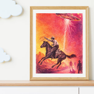 Póster Encuentro OVNI vaquero – Ciencia Ficción Retro