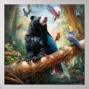 Póster Encuentro Salvaje: Oso y Ave en la Naturaleza