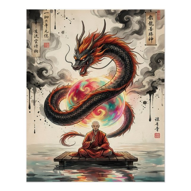 Póster Encuentro Sereno: Monje y el Dragón Celestial (Anverso)