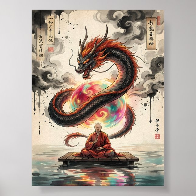 Póster Encuentro Sereno: Monje y el Dragón Celestial (Frente)