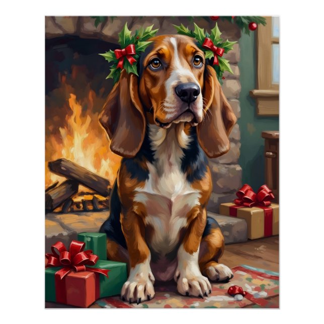 Póster Endearing Basset Hound Dog with Christmas Wreath (Anverso)
