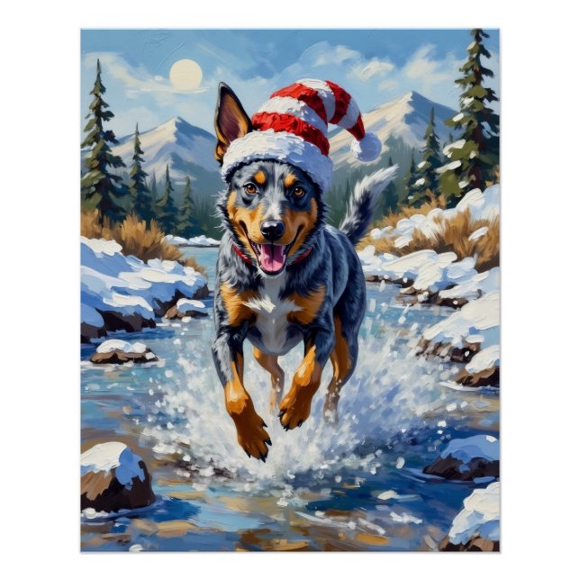 Póster Energetic Blue Heeler Dog Winter Creek Christmas (Anverso)