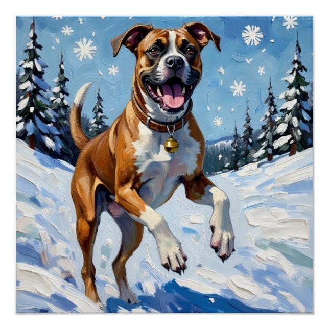 Póster Energetic Boxer Dog Leaping in Winter Snow Fun (Anverso)