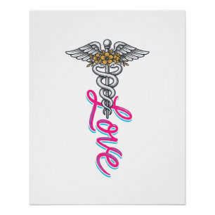 Póster Enfermera Ama Caduceo Floral Médico Diseño Vertica