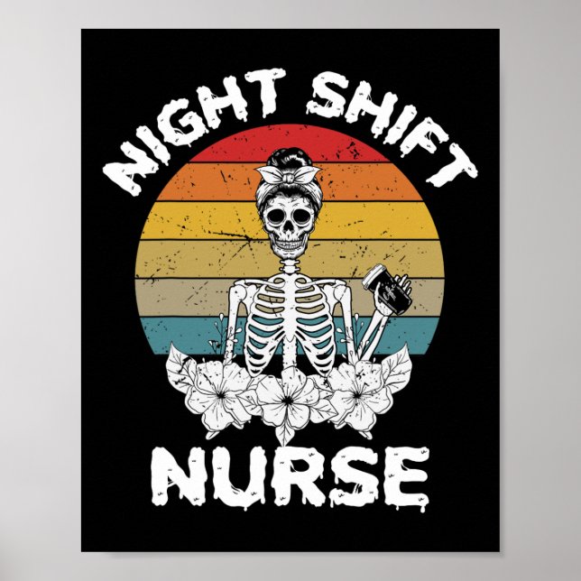 Póster Enfermera de turno de noche divertida Skeleton Enf (Frente)
