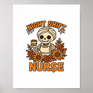 Póster Enfermera de turno nocturno floral Skeleton Hallow
