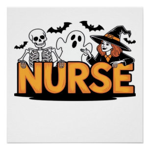 Póster Enfermera - Halloween - con fantasma, bruja y esqu