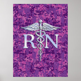 Póster Enfermera inscrita RN Silver Caduceus en Camo Rosa