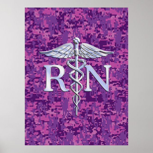Póster Enfermera inscrita RN Silver Caduceus en Camo Rosa (Frente)