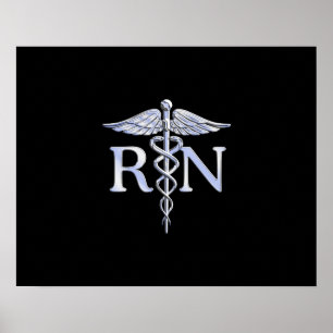 Póster Enfermera inscrita RN Silver Caduceus en negro