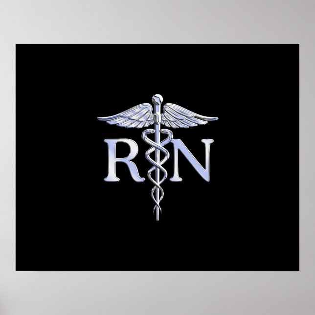 Póster Enfermera inscrita RN Silver Caduceus en negro (Frente)