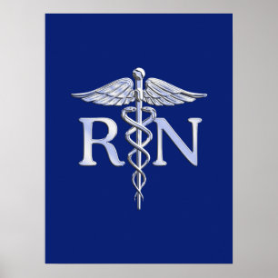 Póster Enfermera inscrita RN Silver Caduceus Navy Blue de