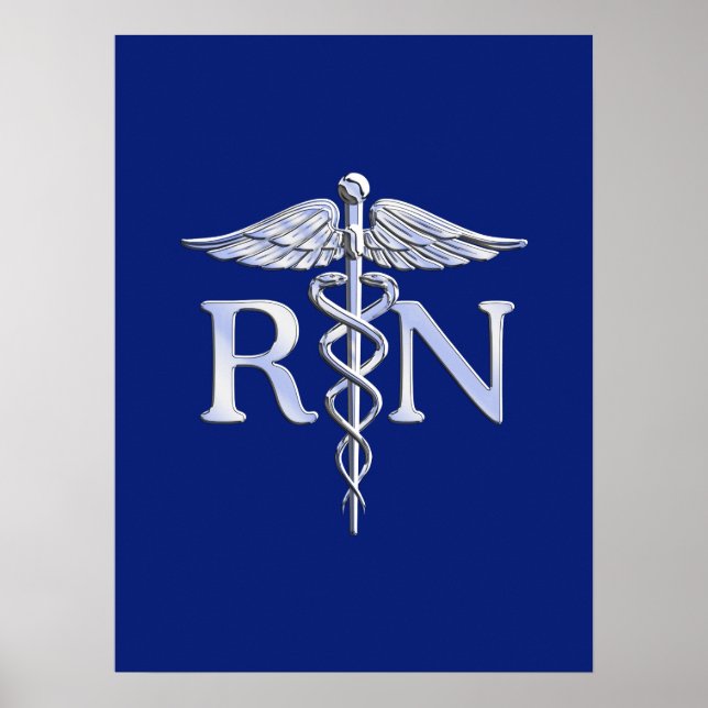Póster Enfermera inscrita RN Silver Caduceus Navy Blue de (Frente)