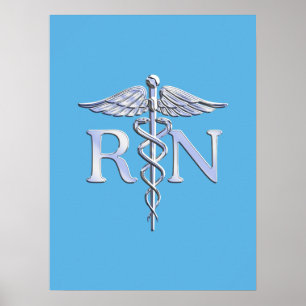 Póster Enfermera inscrita RN Silver Como Caduceus Baby Bl