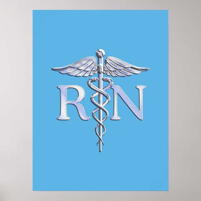 Póster Enfermera inscrita RN Silver Como Caduceus Baby Bl (Frente)