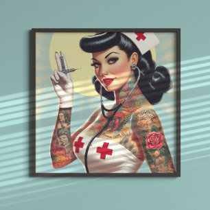 Póster Enfermera Pin-up Tatuada Vintage