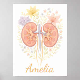 Póster Enfermera y técnico de nefrología anatómica floral