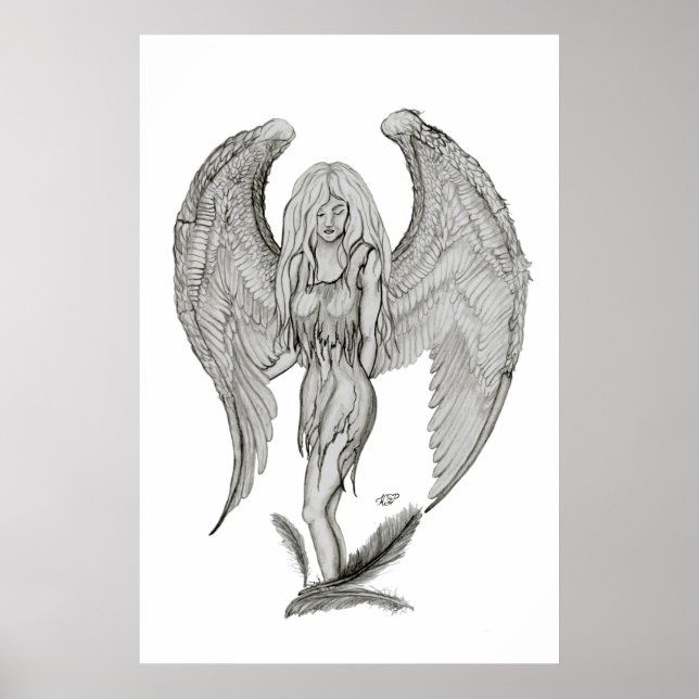 Póster Engel Bleistiftzeichnung Diseño en blanco y negro (Frente)