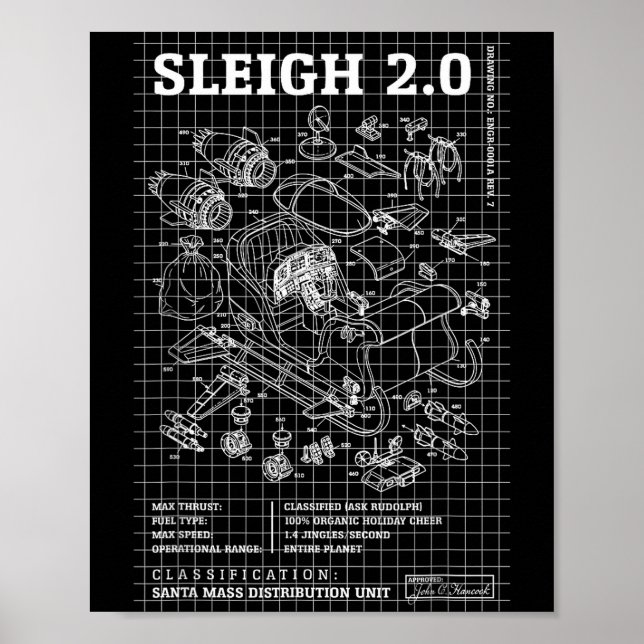 Póster Engineer Christmas Funny Santa Rocket Sleigh Bluep (Frente)