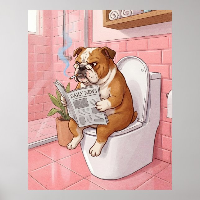 Póster English Bulldog Bathroom Poster Wall Art Print (Frente)