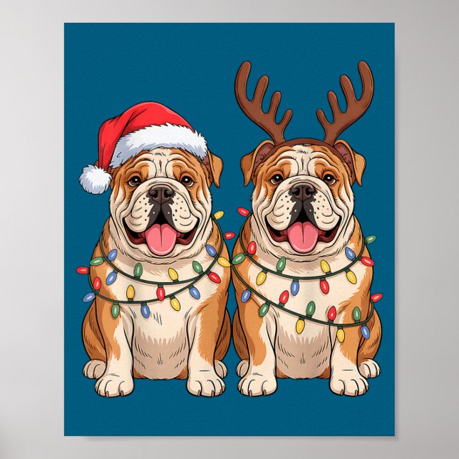 Póster English Bulldog Christmas Santa Hat Reindeer Light (Frente)