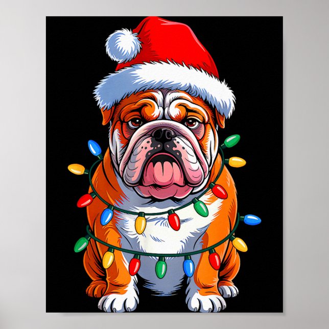 Póster English Bulldog Dog Christmas Lights Santa Hat Xma (Frente)