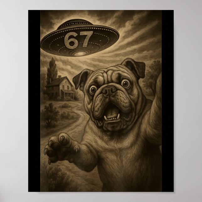 Póster English Bulldog Dog Selfie 67 Meme Six Seven Funny (Frente)