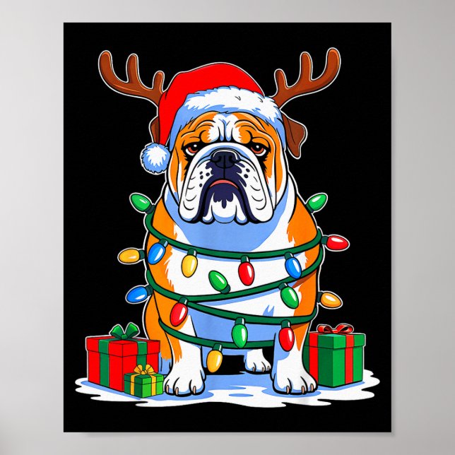 Póster English Bulldog Dog Tree Christmas Lights Funny Xm (Frente)